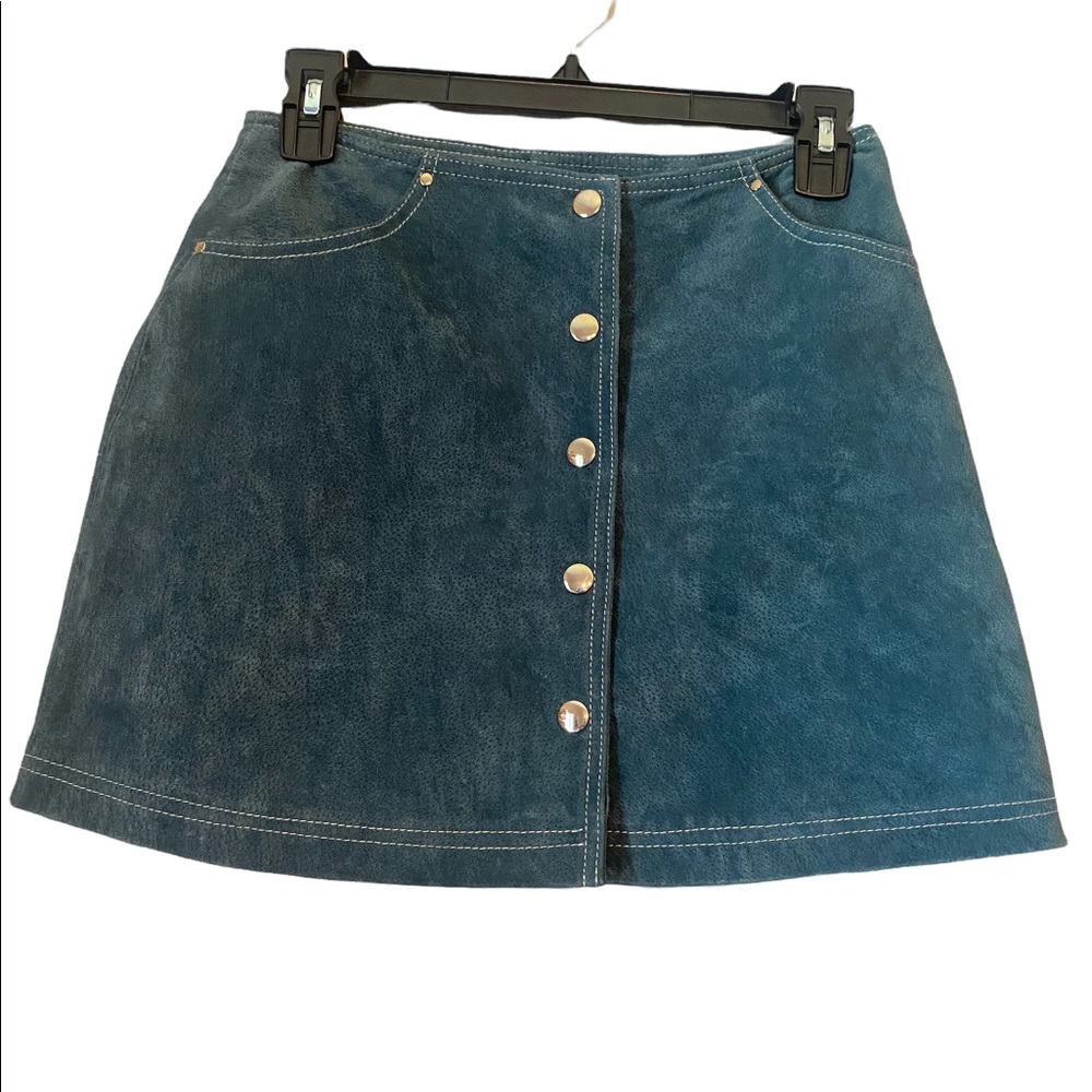 Forever 21 Genuine Leather Teal Button Front Miniskirt